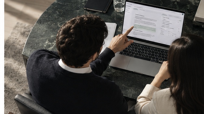 Two people, seen from above, reviewing a contract-related interface together on a laptop.