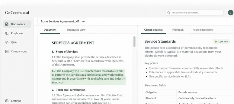 Conceptual GetContractual interface showing a source agreement alongside clause analysis.